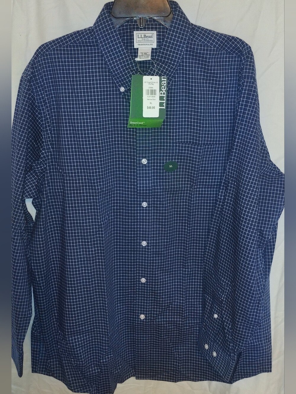 L.L. Bean Men's Navy and White Windowpane Button-Down Shirt XL